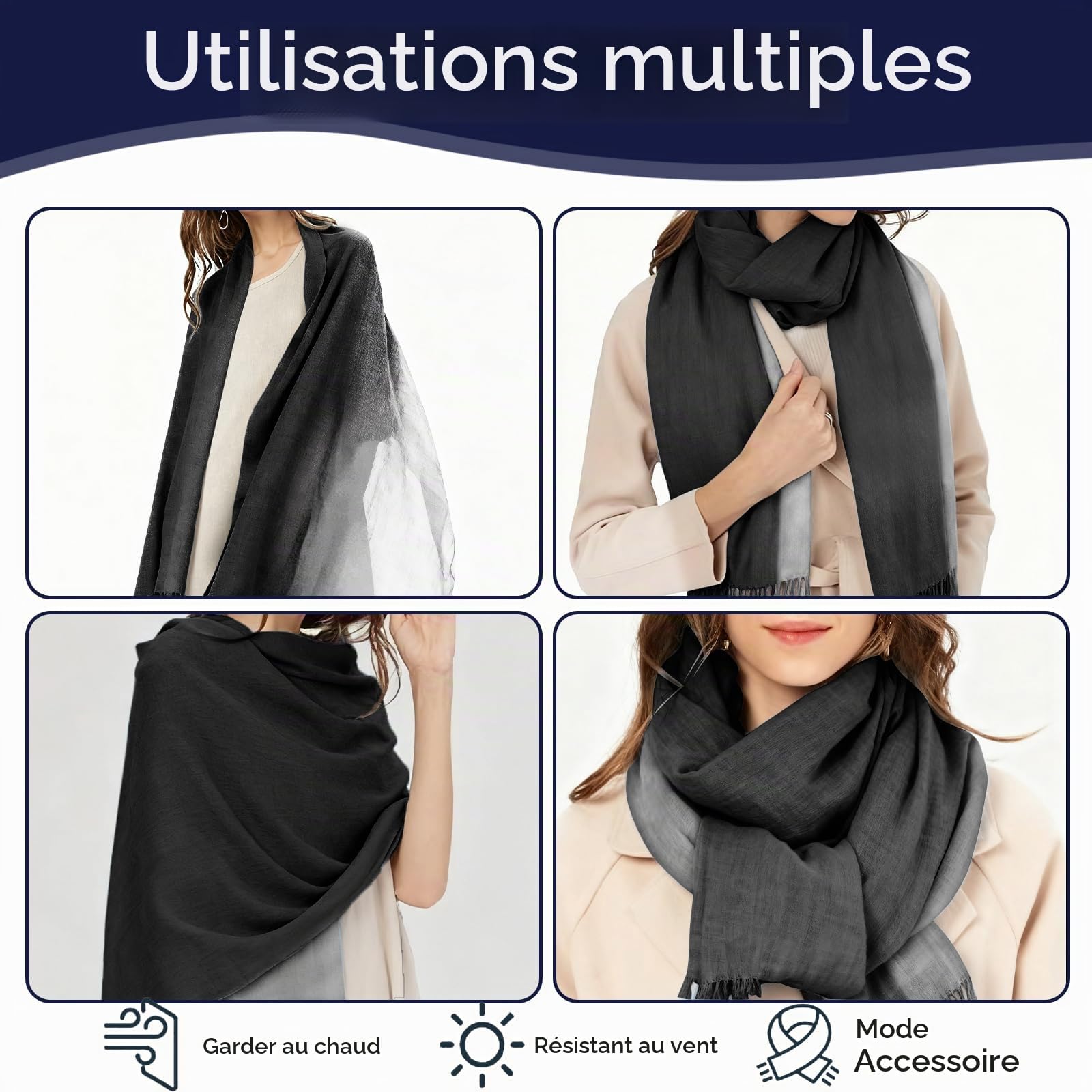 Écharpe Foulard Femme Hiver Grande Echarpe Chale en Coton Lin Longue Chaude Automne Cape, 180cm x120cm