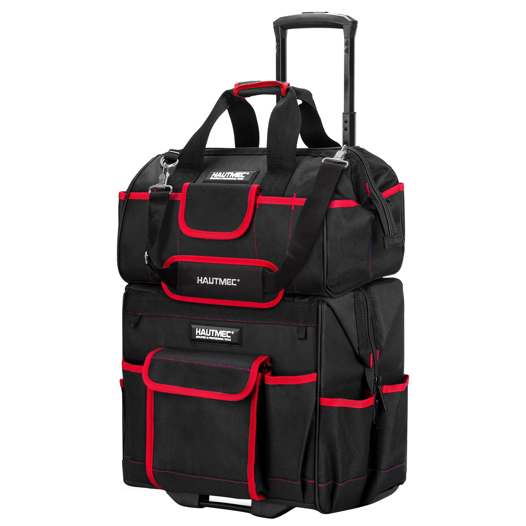 HAUTMEC 2-Piece Rolling Tool Bag Set, 14.5" Tool Bag on Wheels & 15" Wide Mouth Toolbag with Padded Adjustable Shoulder Strap, Heavy-Duty Tool Box with High-Density Oxford, Off-Road Wheel – HT0288