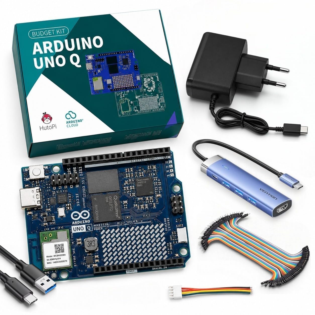 Hutopi Starter Kit AI & Embedded – compatibile con Arduino, 4 GB RAM, 32 GB eMMC, Hub USB-C, alimentatore, cavi jumper e accessori