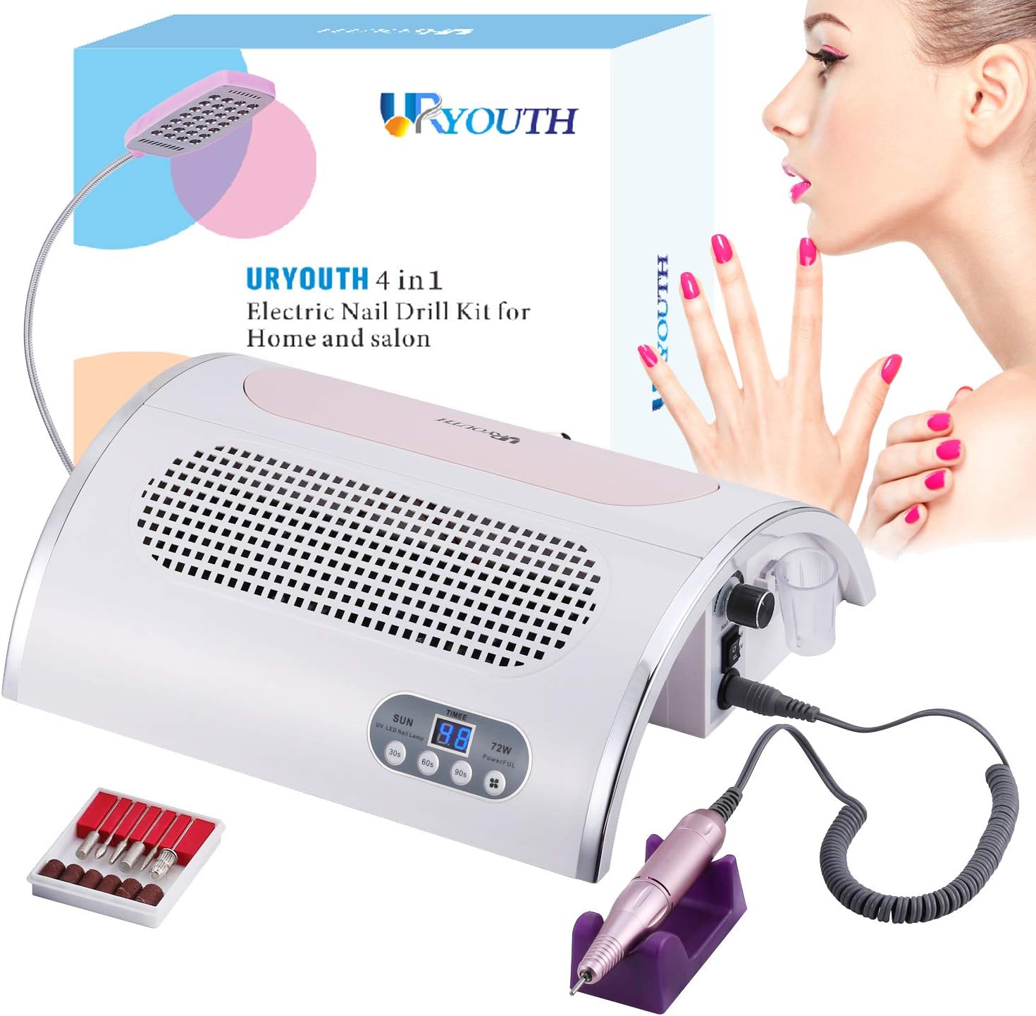 4 IN 1 Nail File Drill & Nail Dust Collector & 54W UV Gel Nail Dryer Lamp Timer 30s 60s 90s & LED Desk Lamp, Salon Expert Nail Machine Multifunctional Nail Art Equipment Manicure Tool Kits