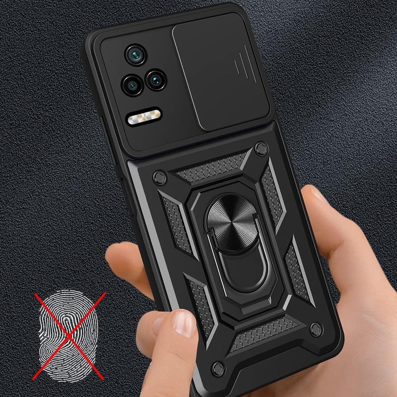 Image of Robot Ring Thunder Case, Shockproof Hybrid Kickstand Back Case Defender Cover for Poco F4 5G - Black (Sliding Camera Window)