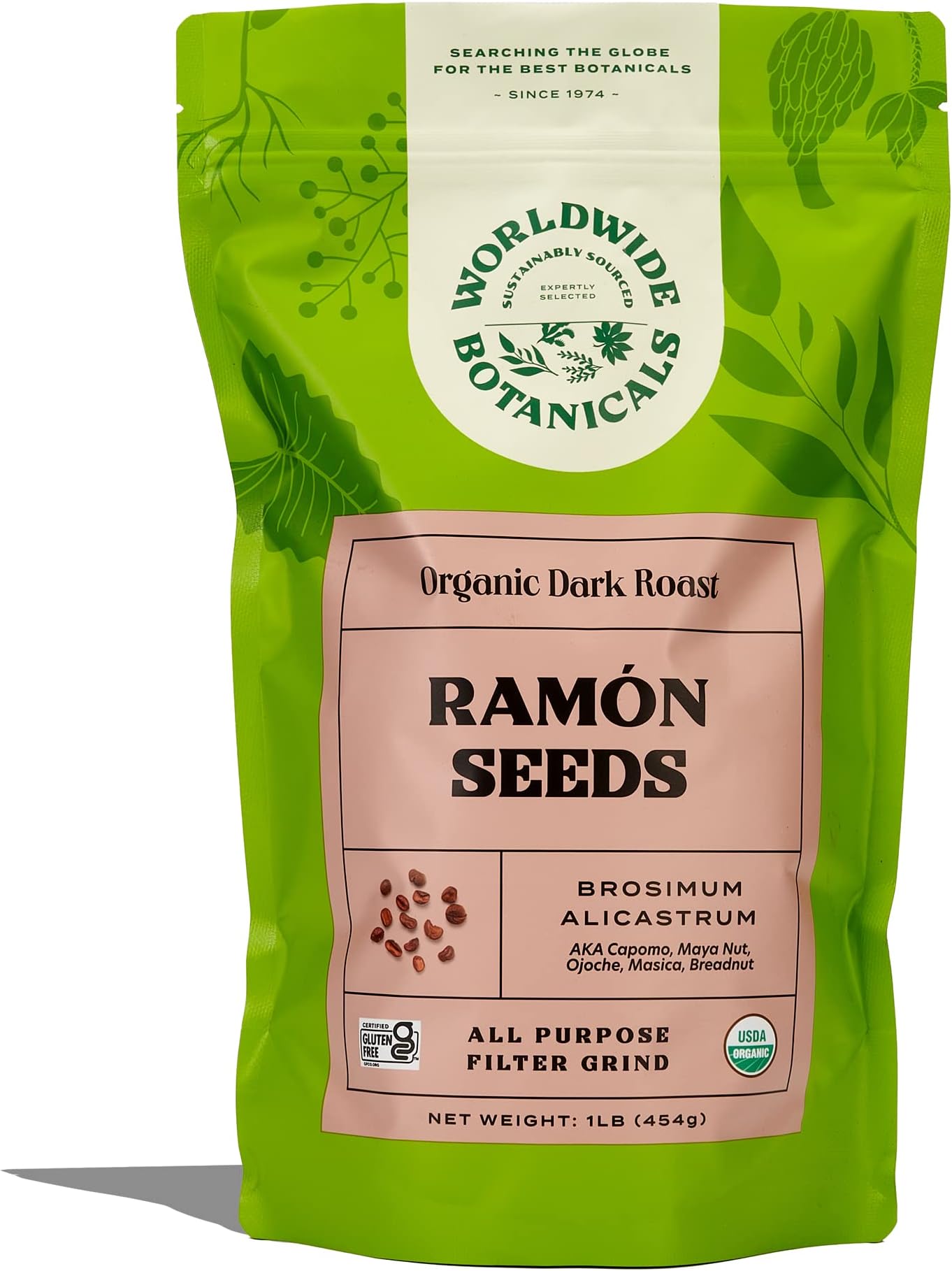 Worldwide Botanicals Organic Ramón Seeds, 1lb – Dark Roast - AKA Capomo, Ojoche, Maya Nut, Bread Nut, Mojo, Masica - Ground Coffee Alternative, Gluten-Free, Kosher, Brew Like Coffee