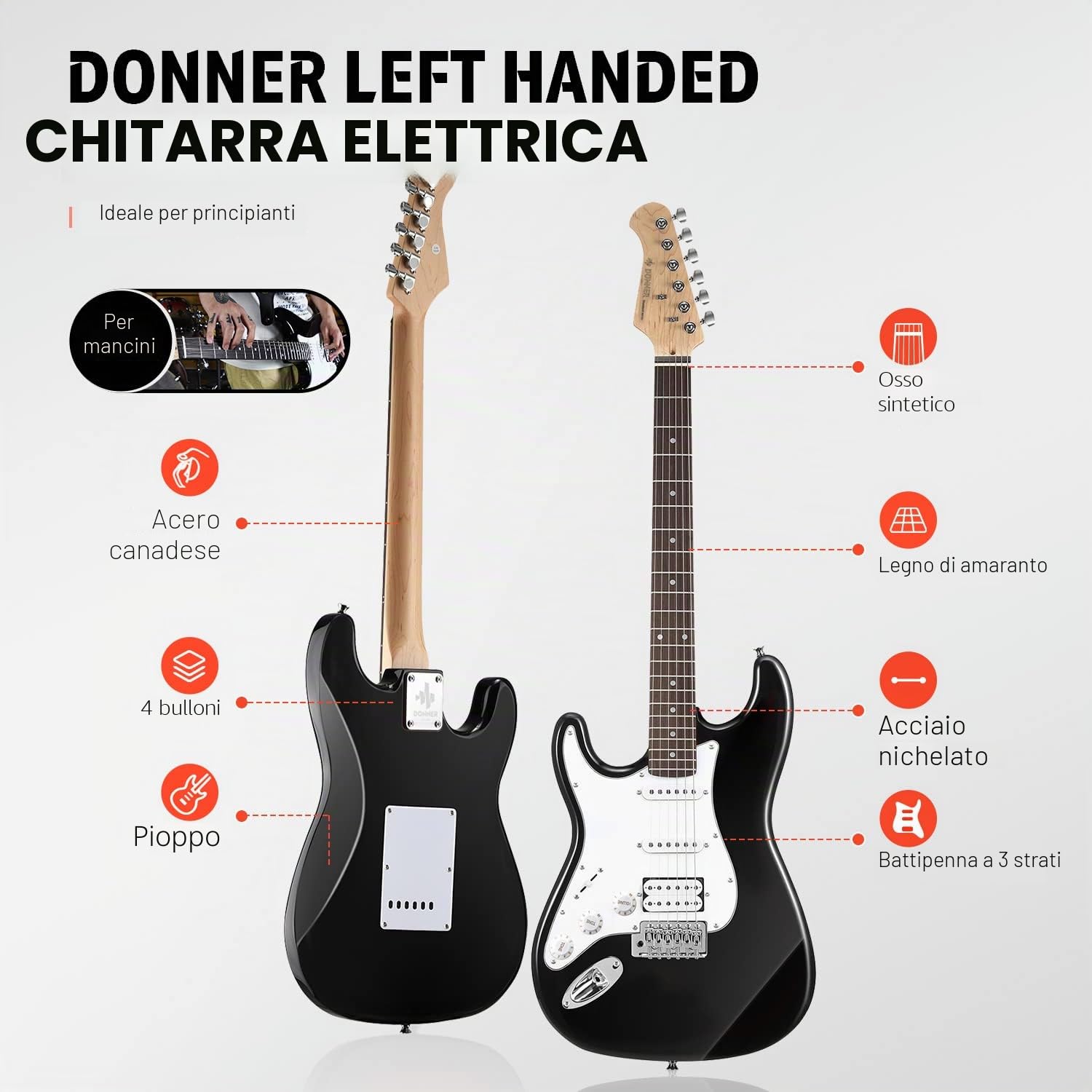 Donner Set di Chitarra elettrica per principianti mancini 39 pollici, pickup S-S-H con amplificatore, borsa, tracolla, corde, accordatore, cavo, plettri, DST100