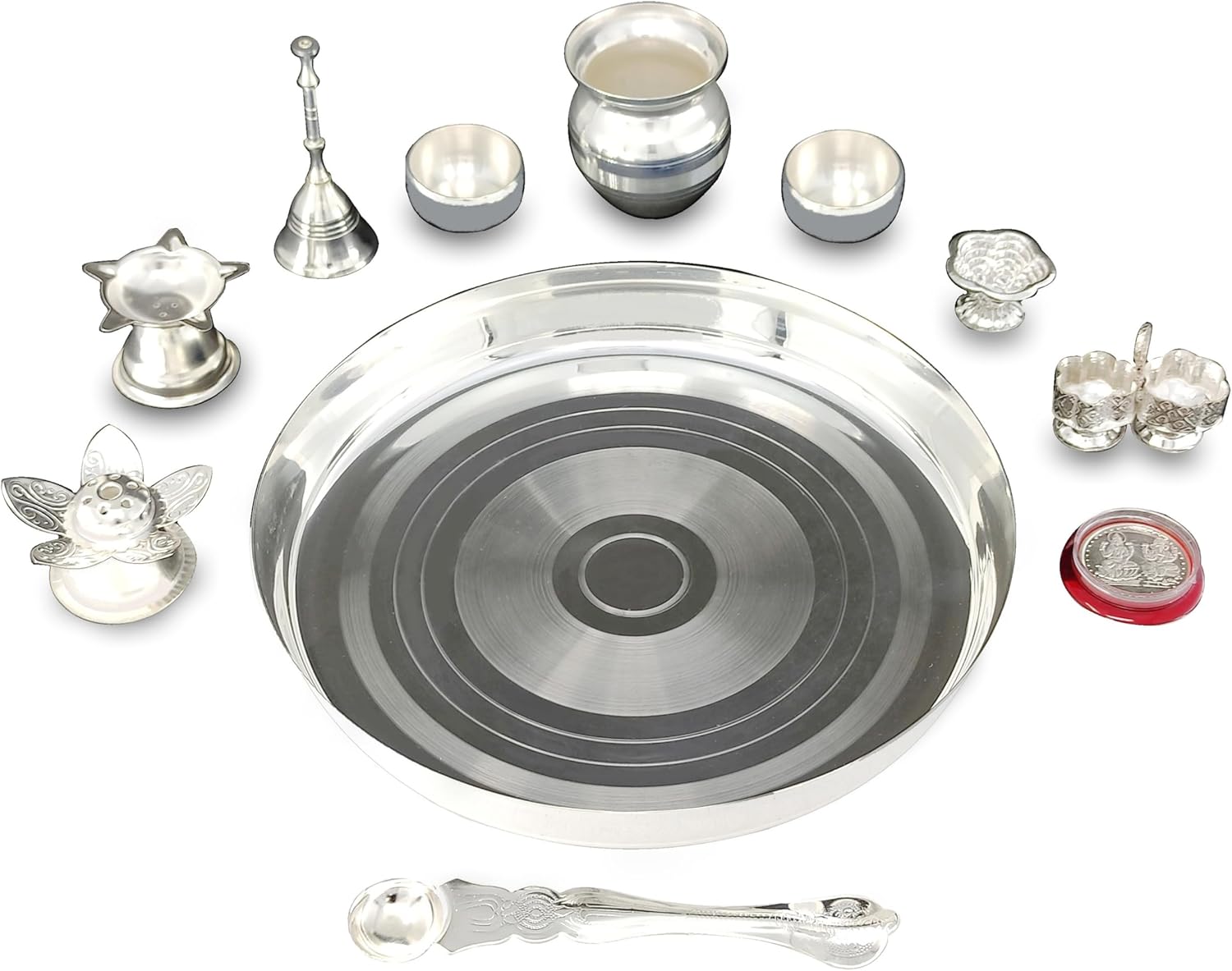 Silver Plated Pooja thali Set 8 Inch with Plate Kalash Bowl Agarbatti Stand Palli Diya Kumkum Stand Coin Puja Thali for Diwali Home Mandir Office Wedding Return Gift Items