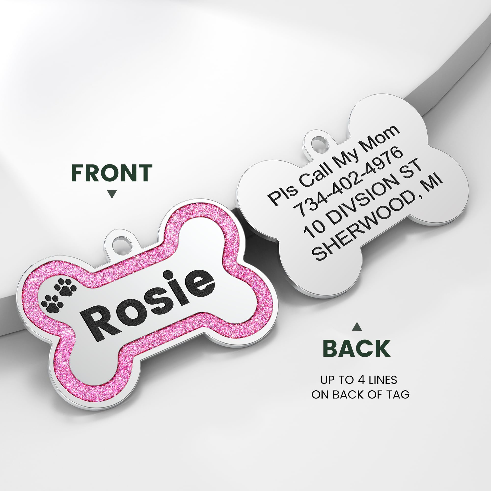 YEHANTI Dog Tags Personalized for Pets - Durable Stainless Steel Pet ID Tags with Lovely Icons, Glitter Bone Custom Dog Tags for Large Small Dogs Cats, Dog Name Tags Engraved On Both Sides?S, Pink?