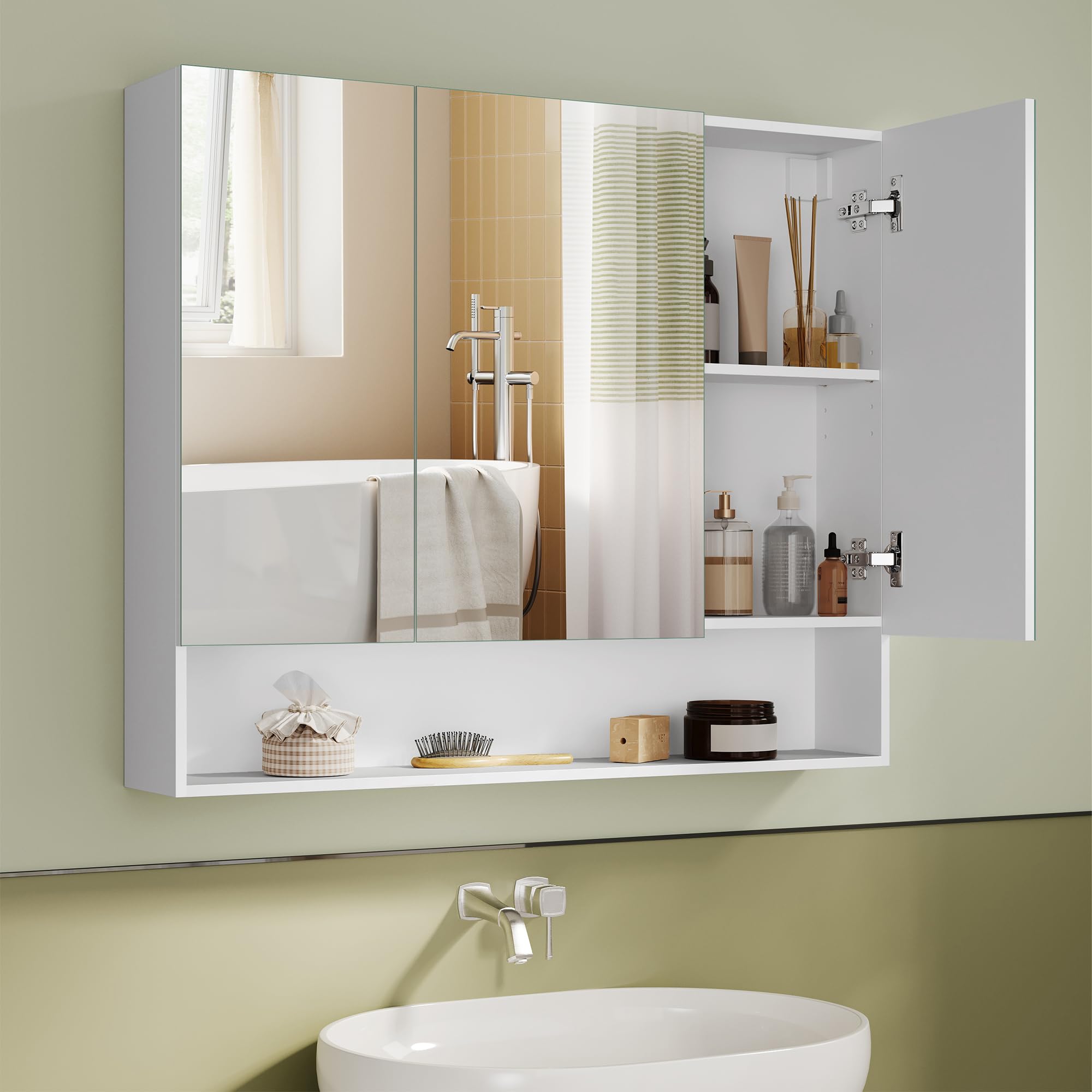 VASAGLE Kailyn Collection - Armoire de Salle de Bain avec Portes Miroir, Meuble de Rangement Mural, Compartiment Ouvert, Étagères Réglables, 16,5 x 90 x 75 cm, Blanc Nuage BBK130W01