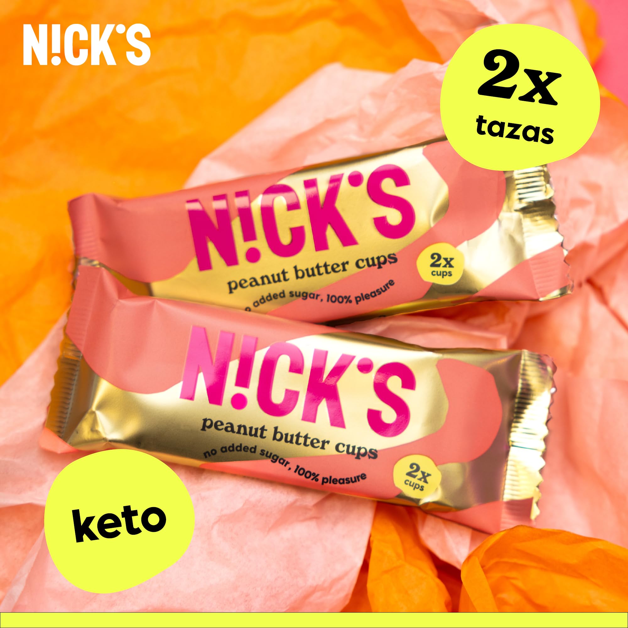 NICKS Peanut Butter Cups, Bombones de Mantequilla de Cacahuete y Chocolate Sin Azúcar, Bajos en Carbohidratos (1,8 Net Carbs), Sin Gluten, Sin Aceite de Palma, Snacks Saludables Keto 12x30g (2x1)