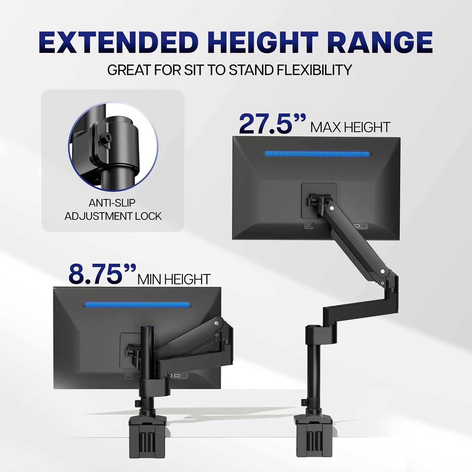 VIVO Premium Aluminum Tall Extended Monitor Arm for Ultrawide Monitors up to 49 inches and 33 lbs, Single Desk Mount Stand, Pneumatic Height Adjusting, Max VESA 100x100, Black, STAND-V101GT image 3