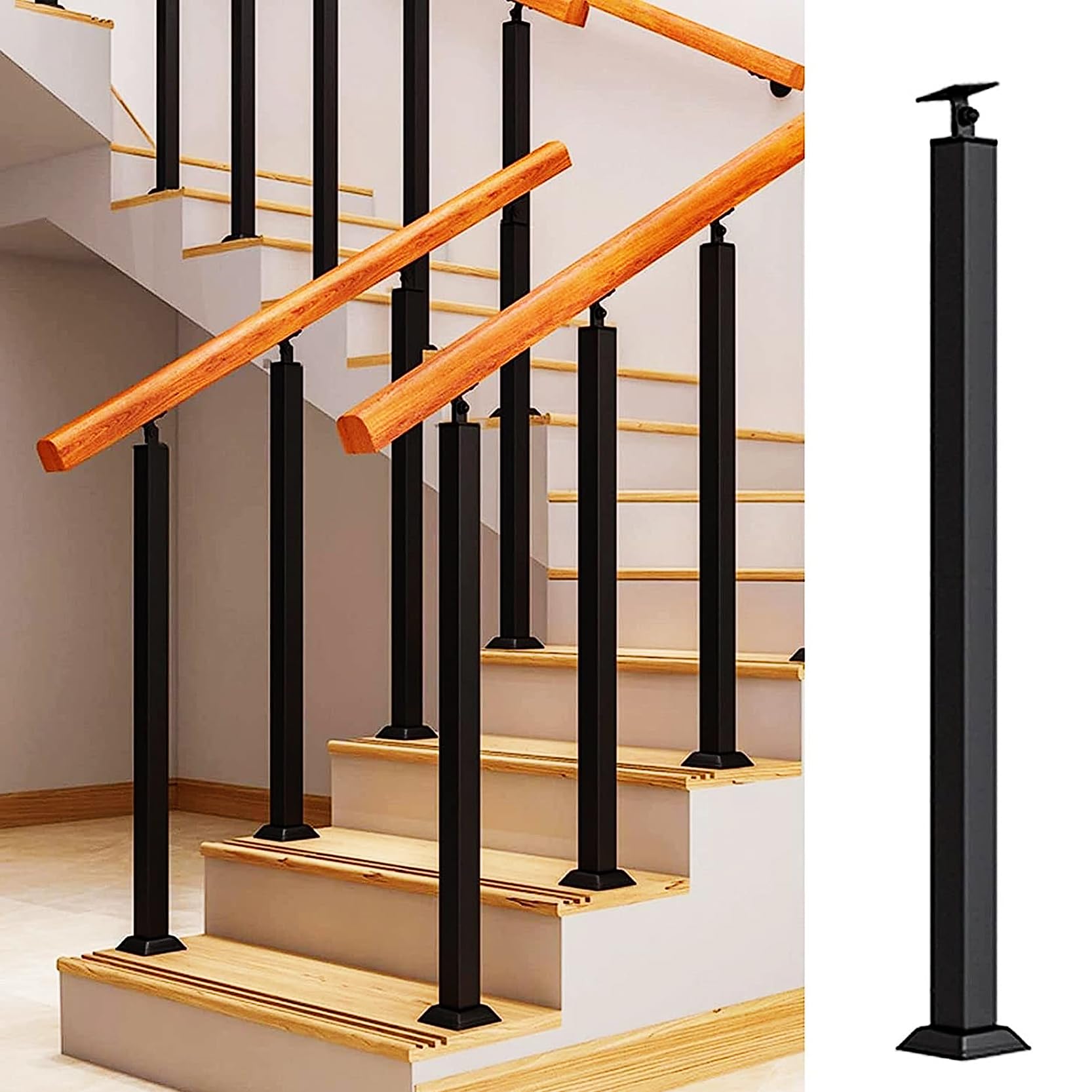 GLDYTVF Stairs Handrail,Metal Stair Balusters Post,Black Square Railing Spindles,Adjustable 270° Angle Bracket,Banister Column for Deck Steps with Installation Kit(Size:75cm/29.5inch)