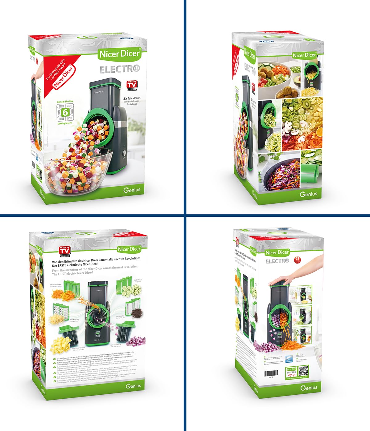 Nicer Dicer Electro Gemüsehobel elektrisch Deluxe Set 32 tlg, Gemüseschneider automatisch, Käsereibe für Gemüse, Obst, Nüsse, 9 Extrascharfe Einsätze, Einfache Reinigung, Leistungsstark