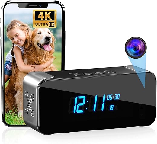 Hidden Camera with Alarm Clock & Bluetooth,Ultra 4 K HD Wireless Indoor Camera for Home Security,Wi