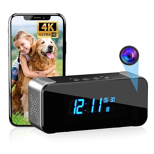 Hidden Camera with Alarm Clock & Bluetooth,Ultra 4 K HD Wireless Indoor Camera for Home Security,Wi