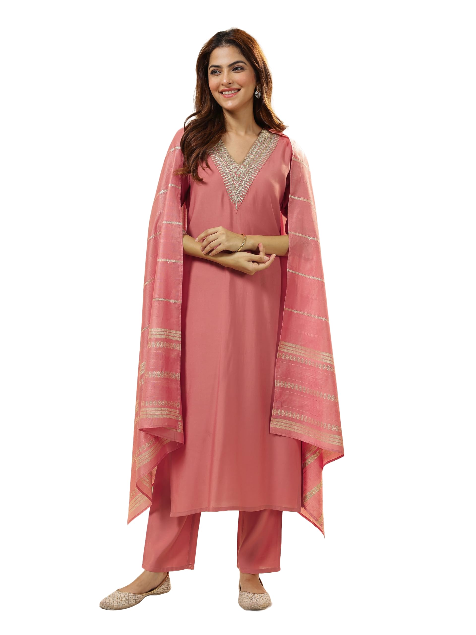 Womens Embroidered Silk Blend Straight Kurta With Trousers and Dupatta