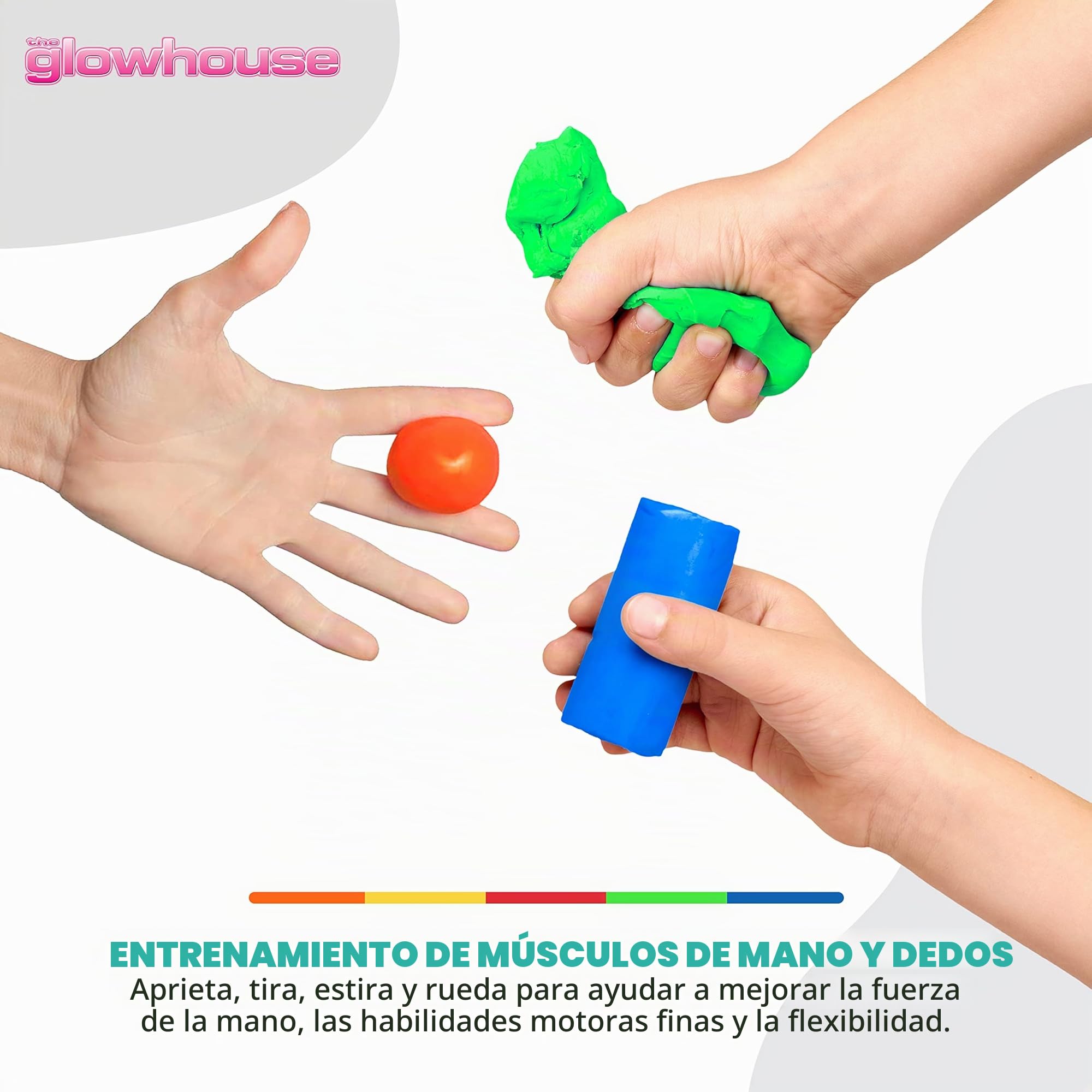 Juego de 5 masillas terapéuticas compresibles no tóxicas antiestrés de primera calidad para ejercitar las manos, 5 niveles de fuerza para adultos y niños, botes de 57 g codificados por colores