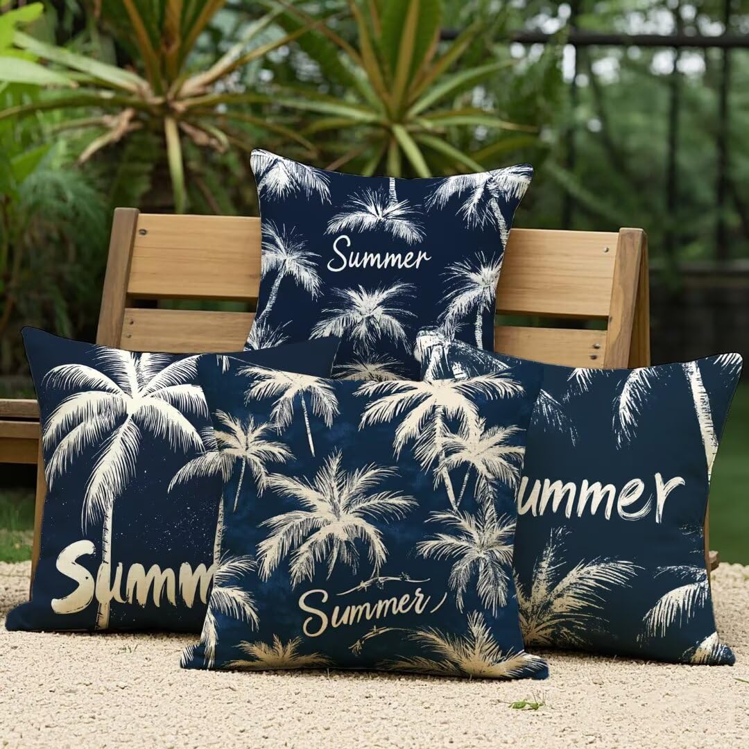 Fundas Cojines 40x40 cm Exterior Cojines Azul Marino Fundas de Almohada Juego de 4, Cuadrados Funda Cojin Plantas Tropicales Almohadas Sofa Cama Decorativos para Hogar, Jardín, Salón y Dormitorio Ym69