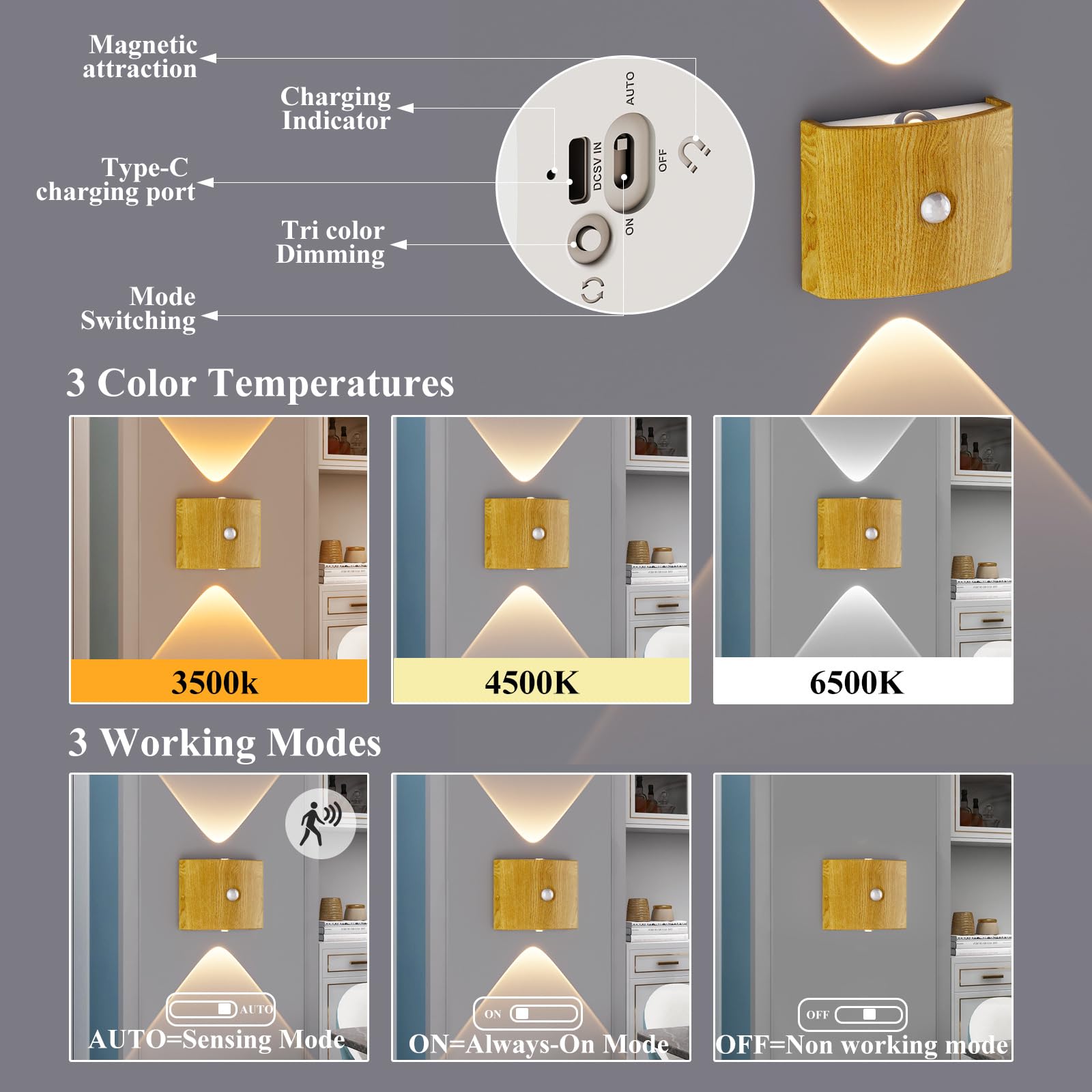 Confezione da 2 luci da Parete a Batteria con sensore di Movimento, Lampada LED per Interni, 3 Colori Verso l'Alto e Verso Il Basso, Illuminazione Wireless Ricaricabile Tramite USB