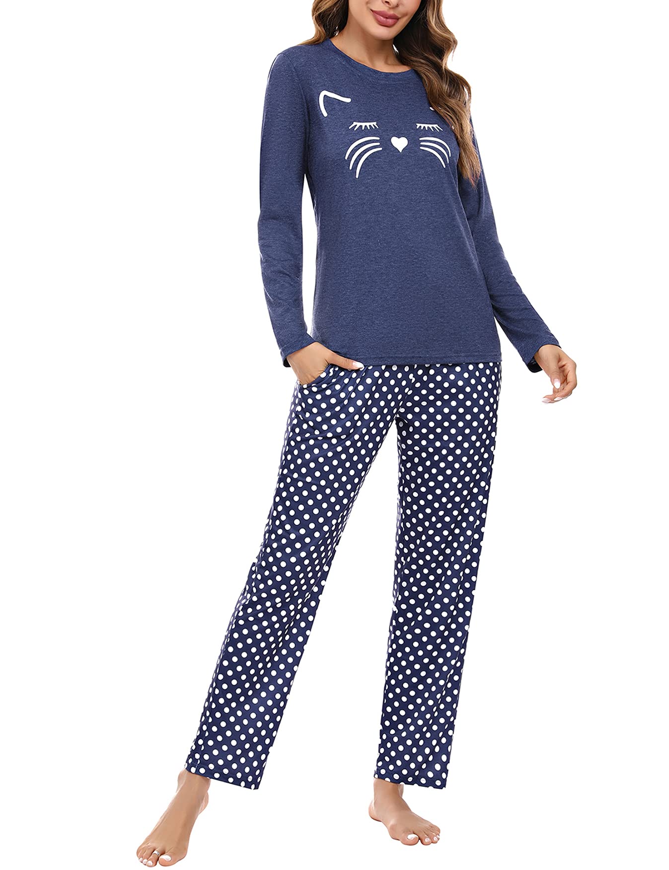 Uniexcosm Pigiama per Donna Pigiama Donna Cotone Lungo Leggero Gatto Girocollo Maniche Lunghe Pigiama Due Pezzi Donna a Tasche Laterali