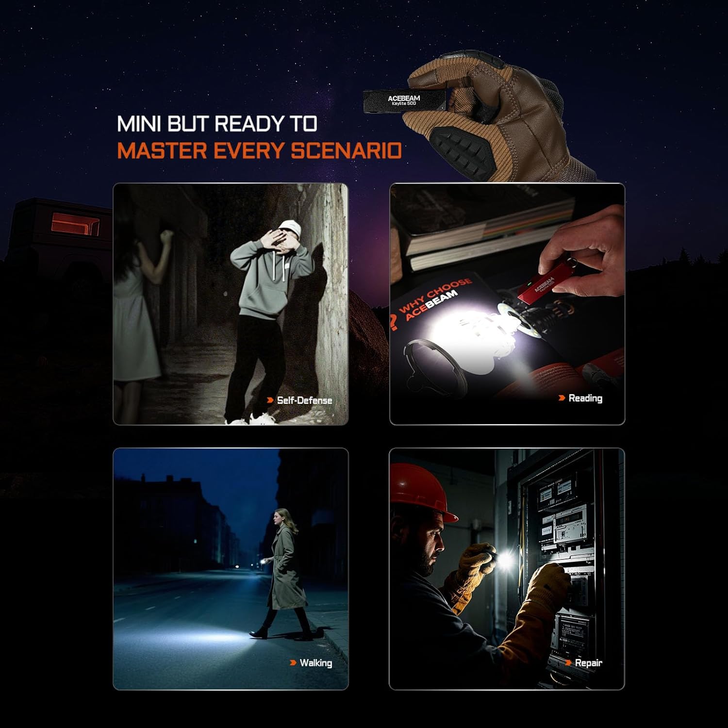 ACEBEAM Keylite 500 High Lumens Keychain Flashlight Rechargeable, Ultra-Compact Flat Pocket EDC Flashlight with Dual LEDs, 6 Modes, Type-C Charging, Small MINI Flash Light for Emergency, Home, Outdoor