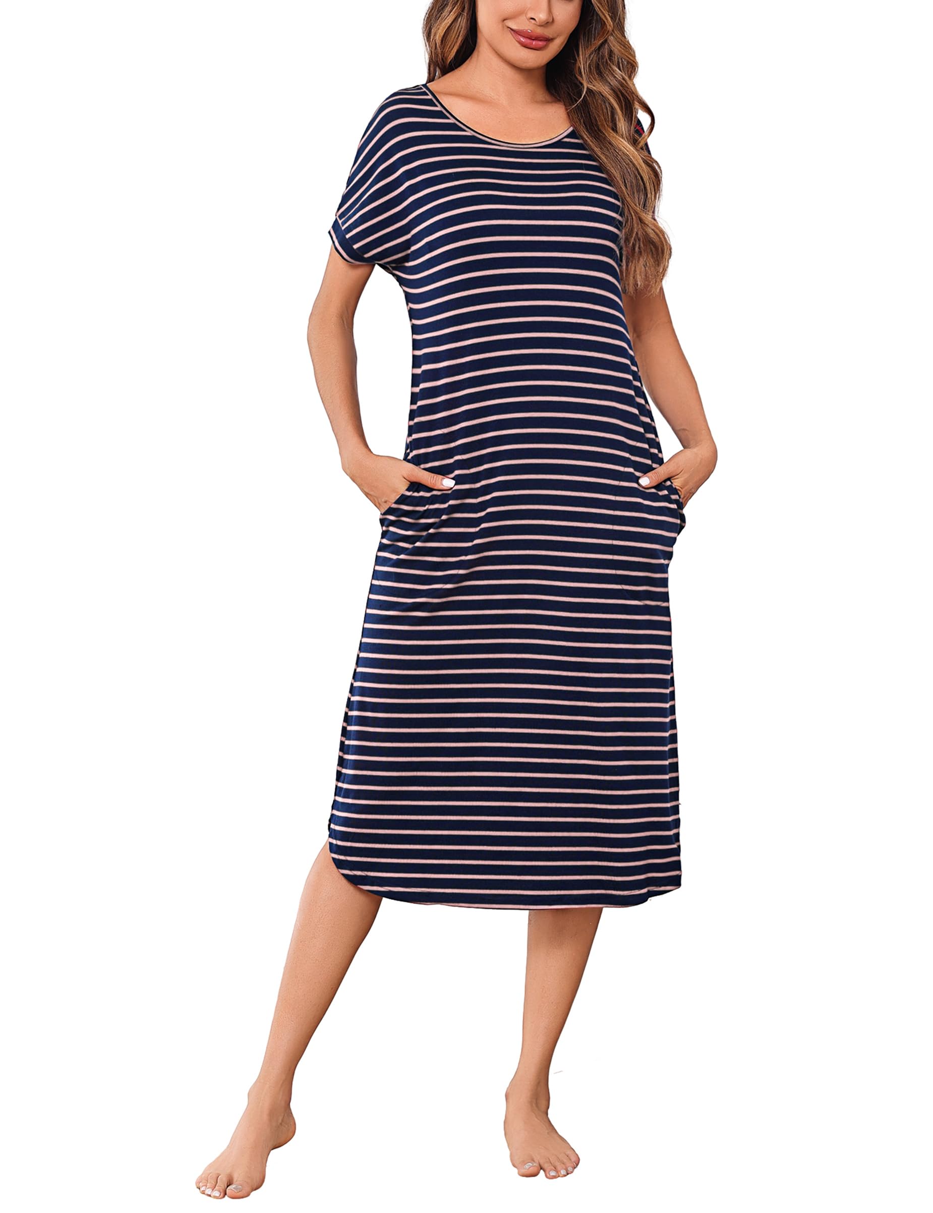 Litherday Nachthemd Damen Lang Nachtwäsche Kurzarm Streifen Schlafshirt aus 95% Baumwolle Loungewear Nachtkleid Sleepshirt mit Tasche