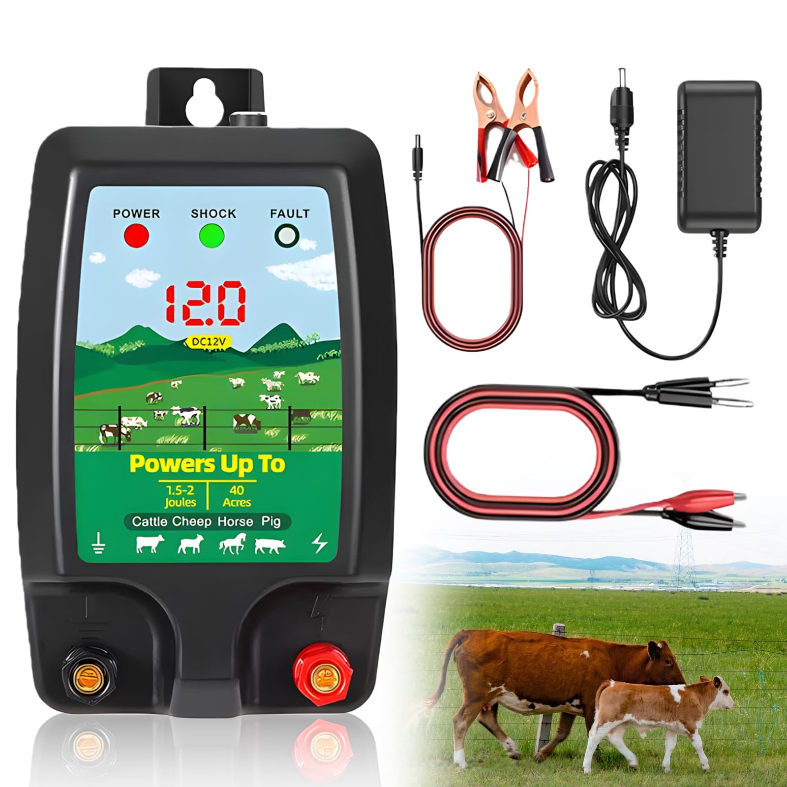 Valla eléctrica para pastos de 12 V con indicador LED, resistente al agua, 10 km, alcance de 1,5 – 2 julios, resistente al agua, dispositivo eléctrico para protección de animales de granja, mascotas