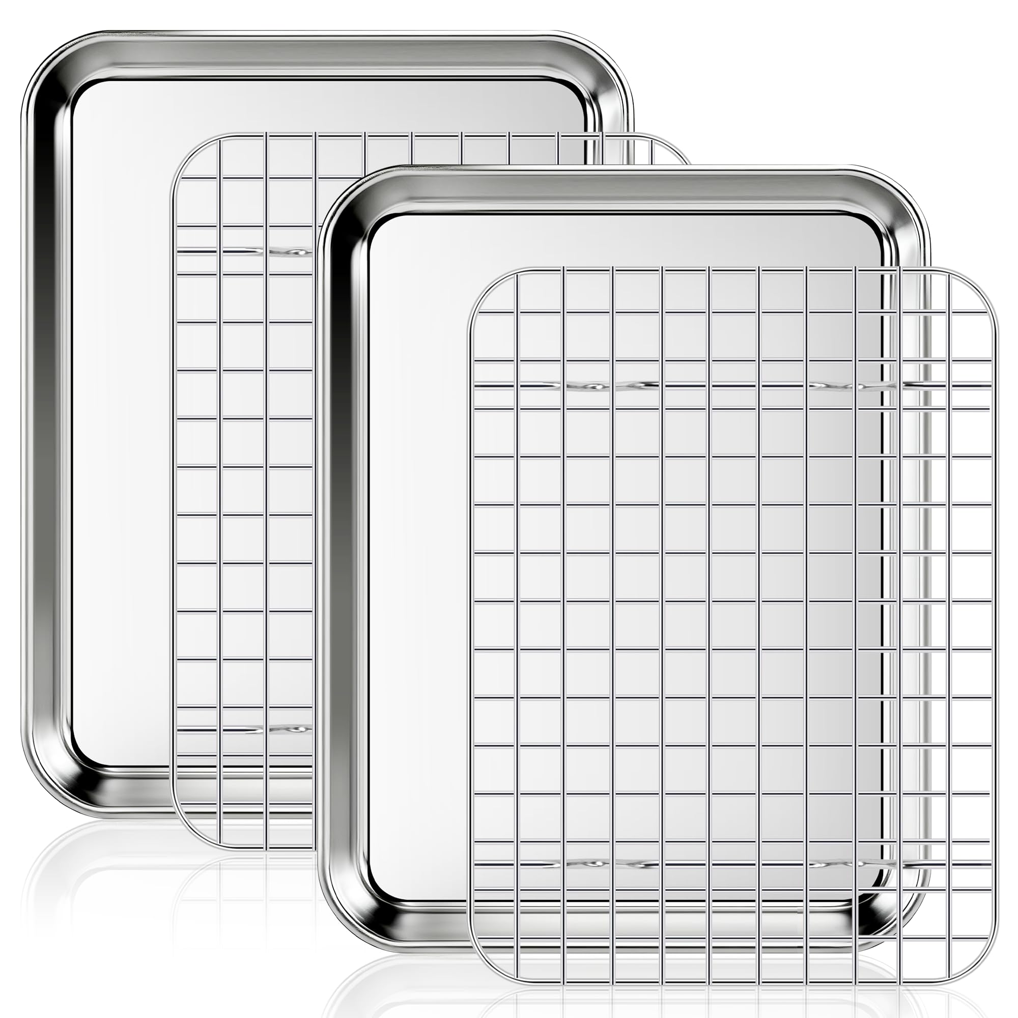 Fire More Bandeja de horno con rejilla de enfriamiento, 2 bandejas de acero inoxidable y 2 rejillas para horno, bandeja rectangular 26,5 x 20,5 x 2,5 cm para hornear y servir