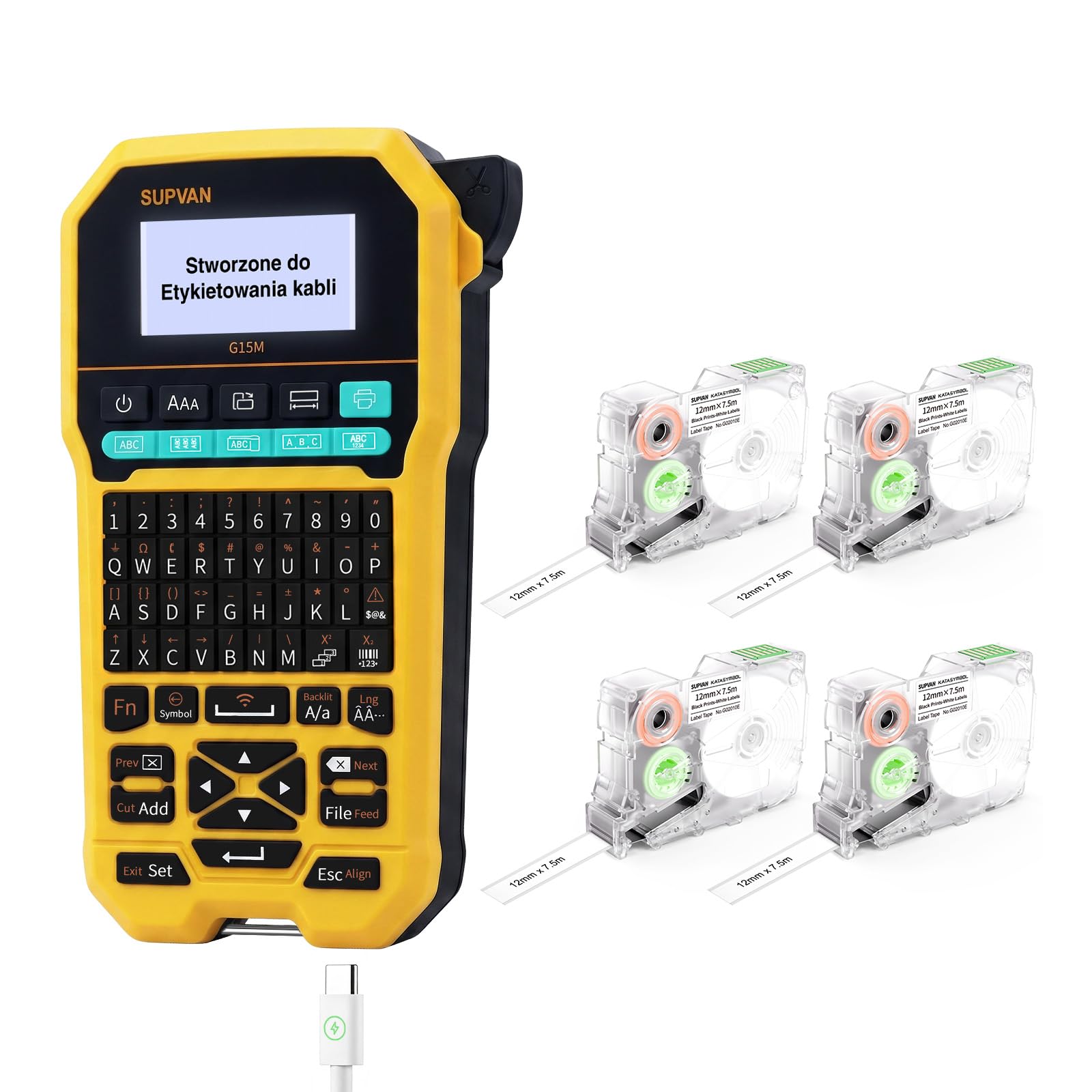 SUPVAN G15M Drukarka Etykiet z 4 Rolki Etykiet & APP (Android & iOS) | 11 Typów Etykiet, Podświetlany Ekran, Druk 4 Linii, 3 Skróty Etykiet, Ładowalny, Mniejszy Margines, do Domu & Na Zewnętrzne
