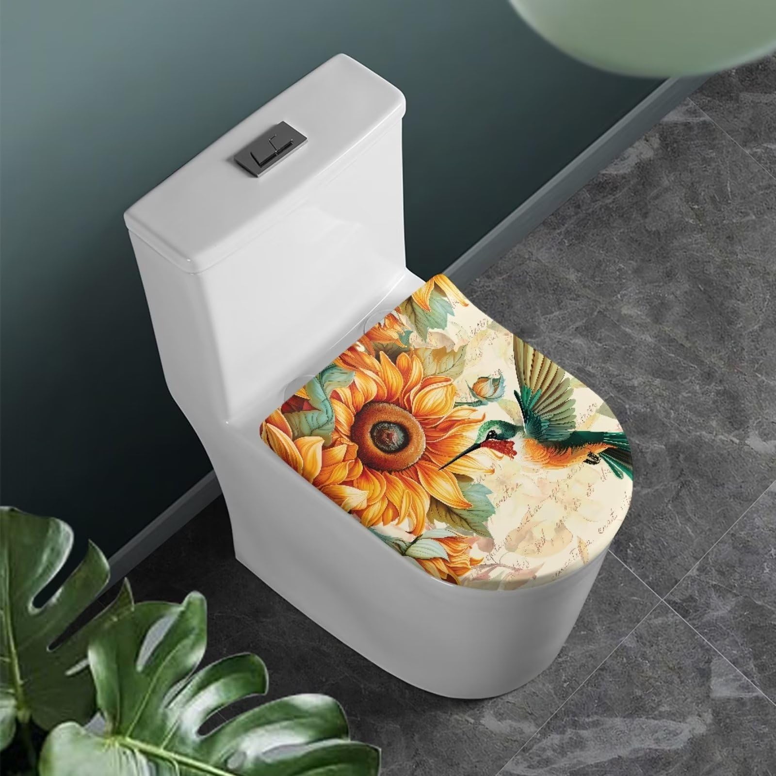 COEQINE Sunflower Toilet Lid Cover, Hummingbird Floral Pattern Toilet Lid Cover With Elastic Edge Non Slip for Bathroom โ image 1