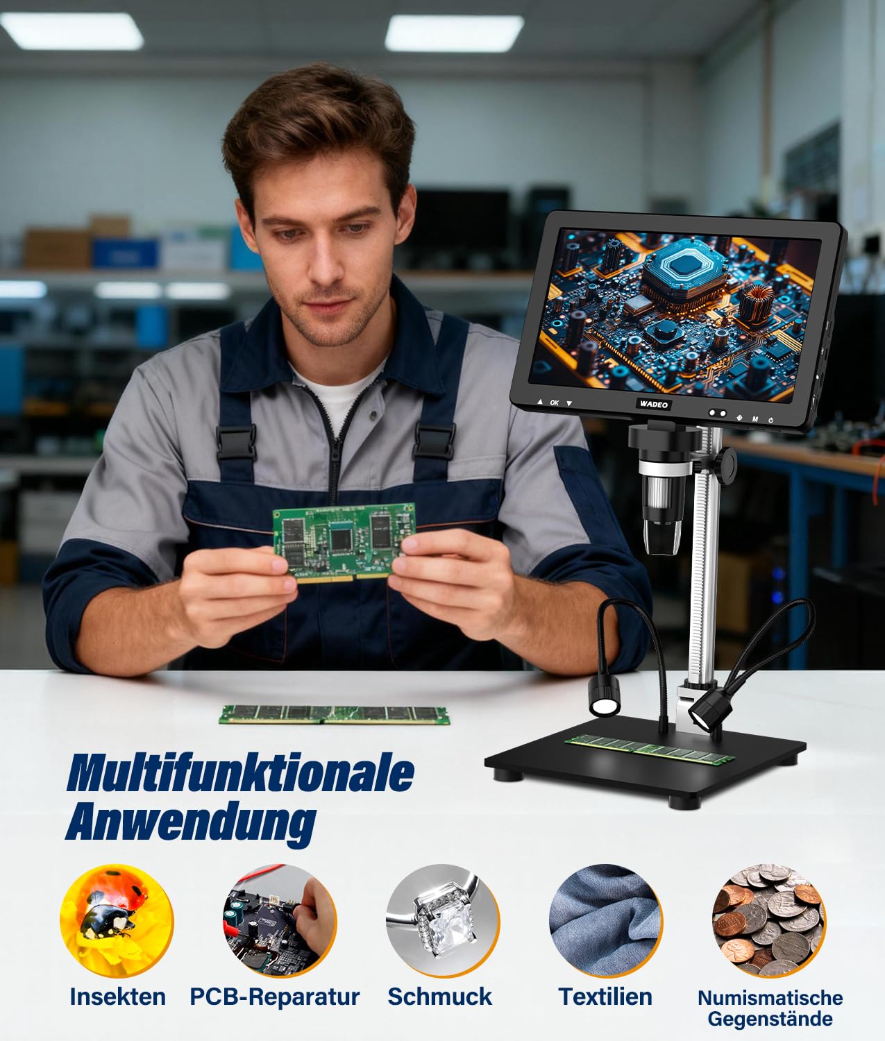 WADEO 10,1-Zoll-LCD-Digitalmikroskop 1500x inkl. 32GB Karte, Tragbares Mikroskop USB-Digitalmikroskop Lötmikroskop mit 8 LEDs und Metallständer, MacOS Windows kompatibel, für Reparaturen und Löten