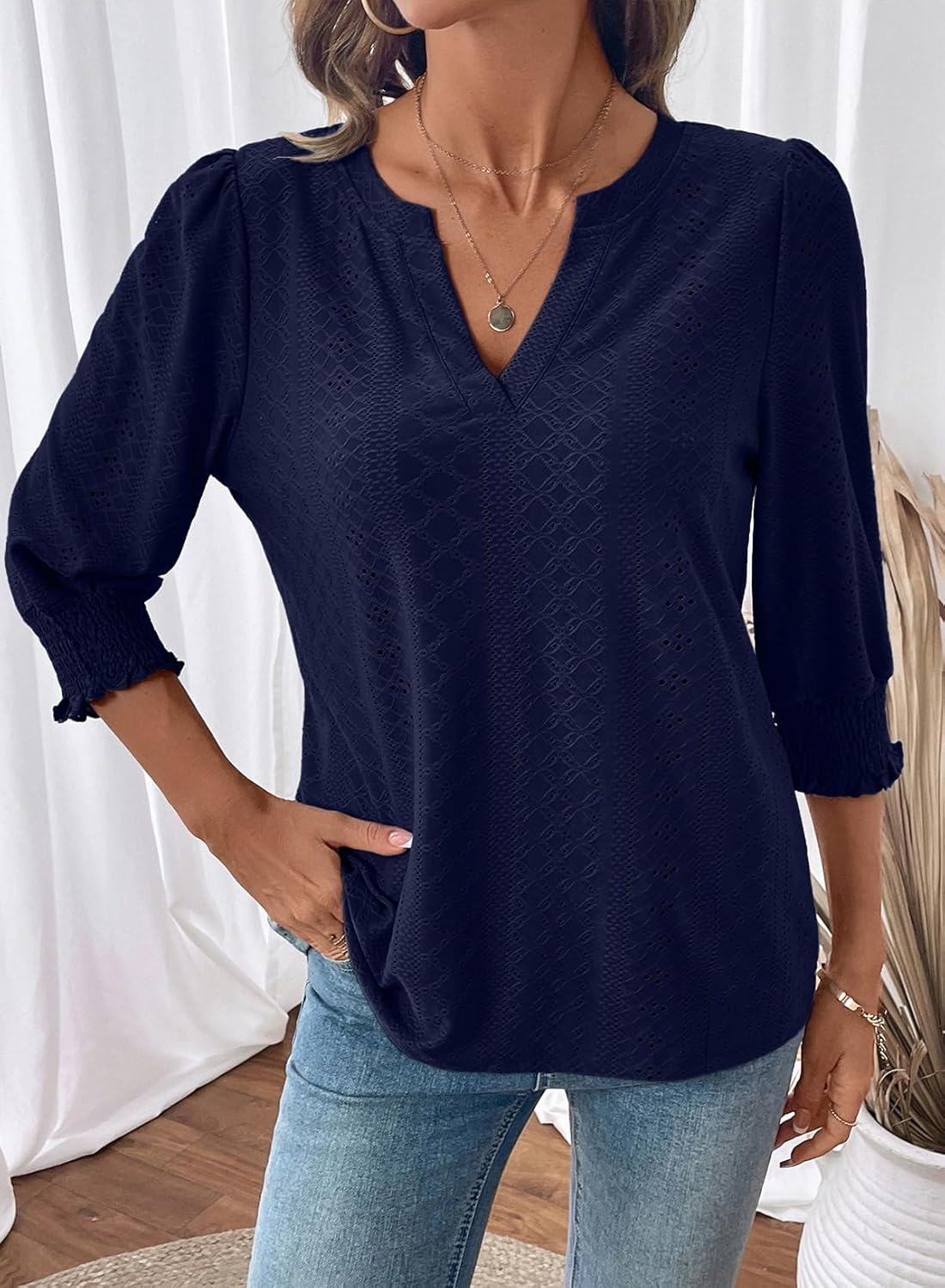 Dokotoo Womens Summer 2026 Hollow Out Blouses 3/4 Length Sleeve Business Tops Dressy Casual V Neck Cute T-Shirts - Image 6