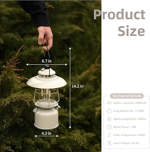 Miniatura 2 de Linterna LED retro clásica de metal para campamento, batería recargable de 6500 mAh que dura de 17 a 500 horas, lámpara colgante grande regulable,