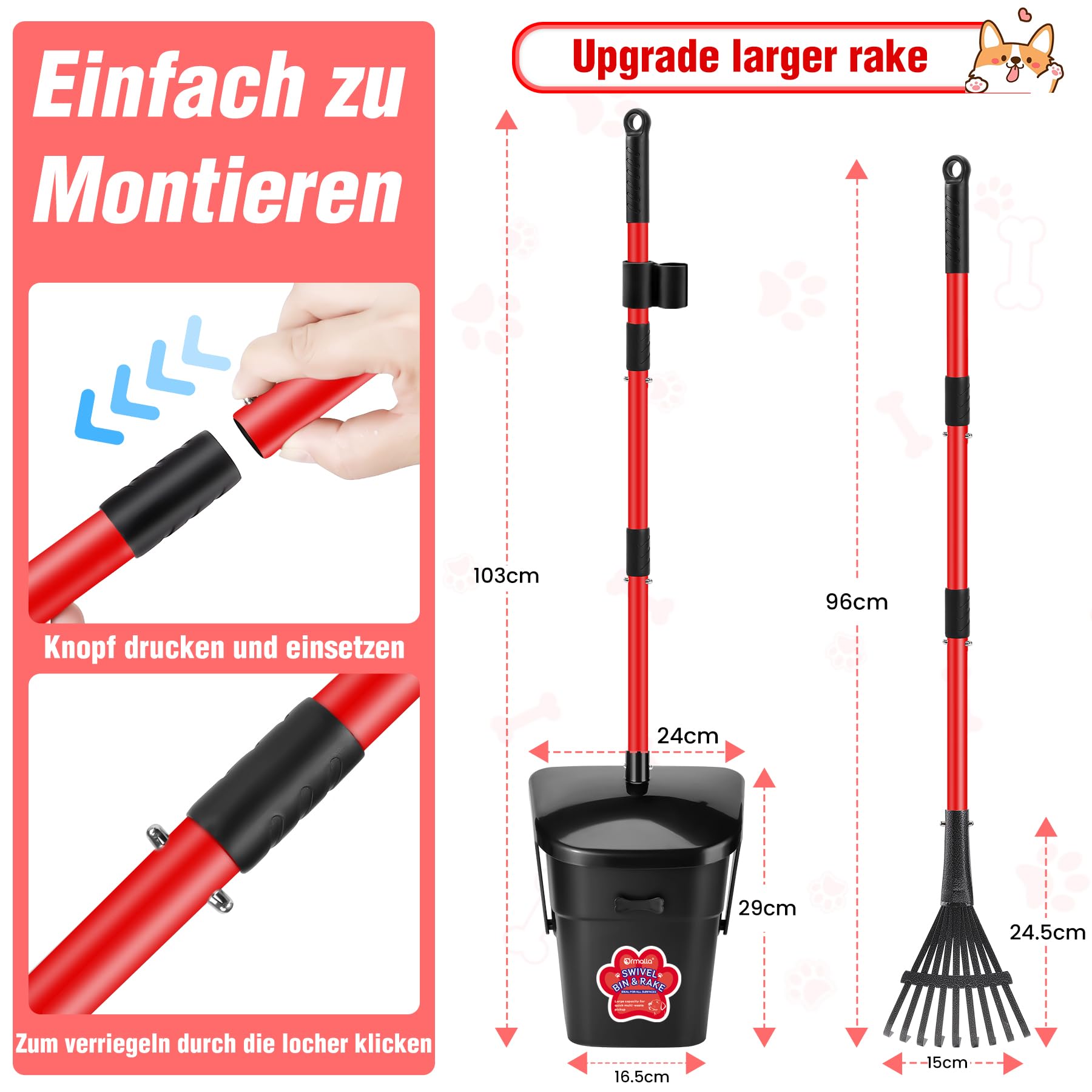 Hundekotschaufel Schwenkbehälter Und Rechen Mit 60 Hundekotbeutel, Hundekotsammler Für Große, Mittelgroße Und Kleine Hunde, Langer Edelstahlgriff Für Hof, Gras, Erde Oder Kies