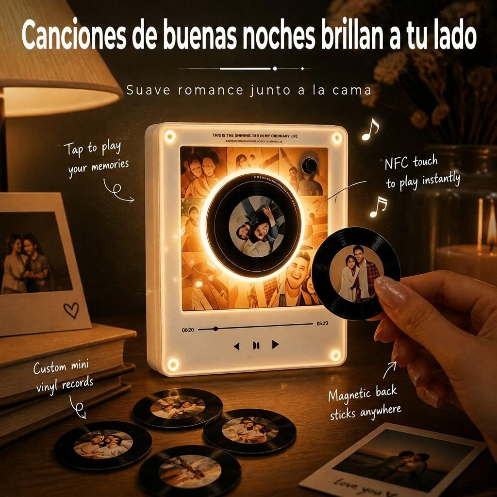 Imanes Personalizados Nevera con Música y Foto Reproductor de Música con 9 Mini Vinilos, Marco Fotos Magnético Luz LED, Caja Música NFC Regalo Aniversario Pareja
