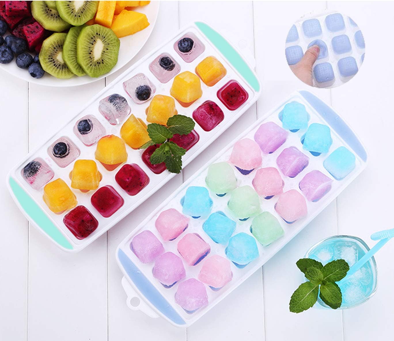 Ice Cube Trays, Ice Tray Food Grade Flexible Silicone Ice Cube Tray Molds with Lids, Easy Release Ice Trays Make 42-Ice Cube, Stackable Dishwasher Safe, Non-toxic, BPA Free (Newest/2 Packs) (2-PACK)