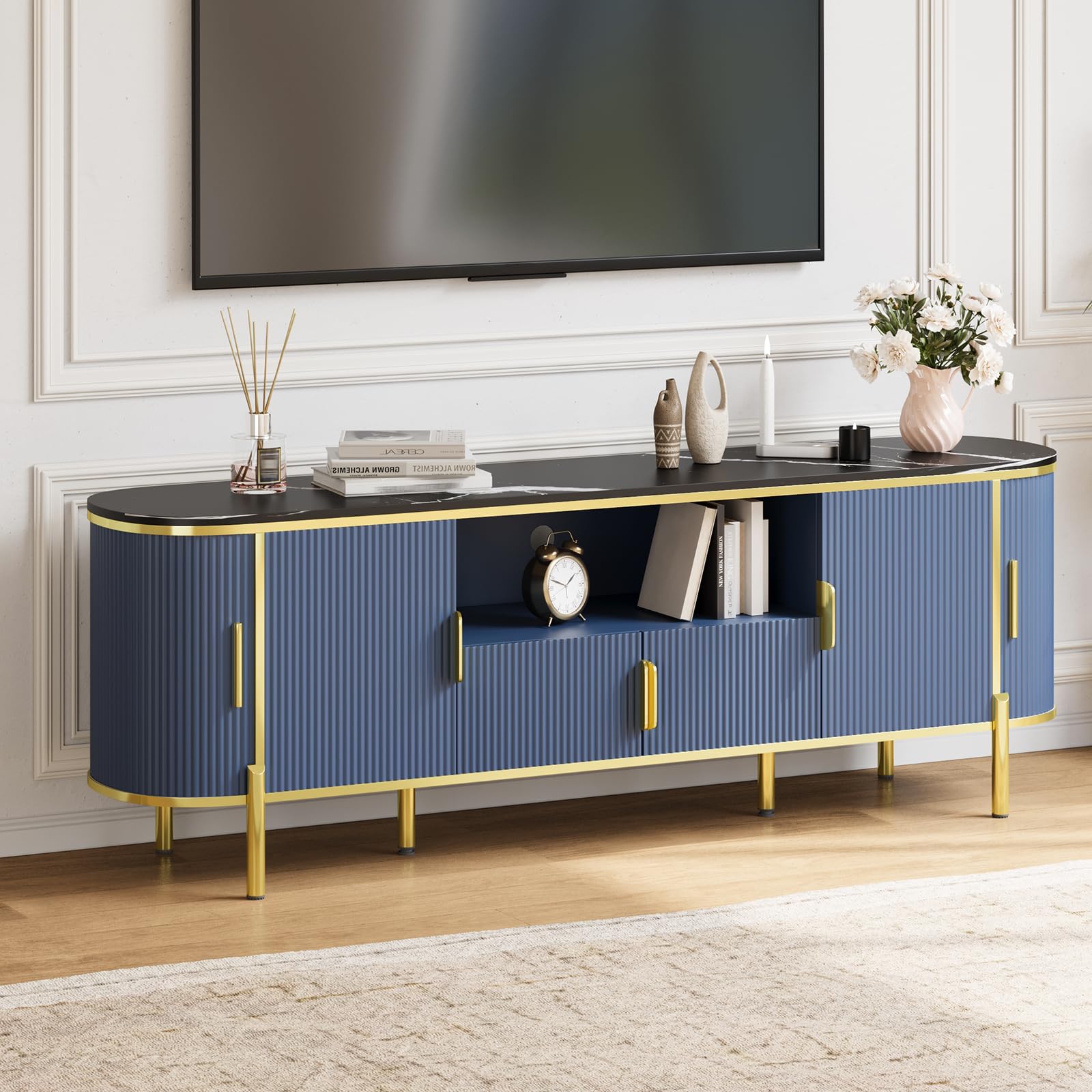 IDEALHOUSE 70" Fluted TV Stand with Faux Marble Top, Modern TV Console with Curved Profile Sliding Doors &amp; Adjustable Shelves, Wood Entertainment Center for TVs Up to 80 Inches