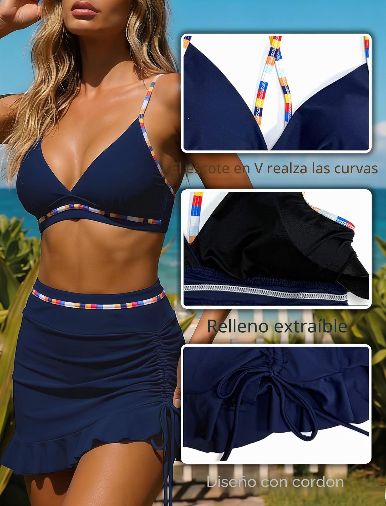 Damen Bikini Badeanzug Set Sexy V Ausschnitt Bademode Hohe Taille Farbblock Zweiteiliger Kordelzug Badeanzüge Bikinis für Frauen