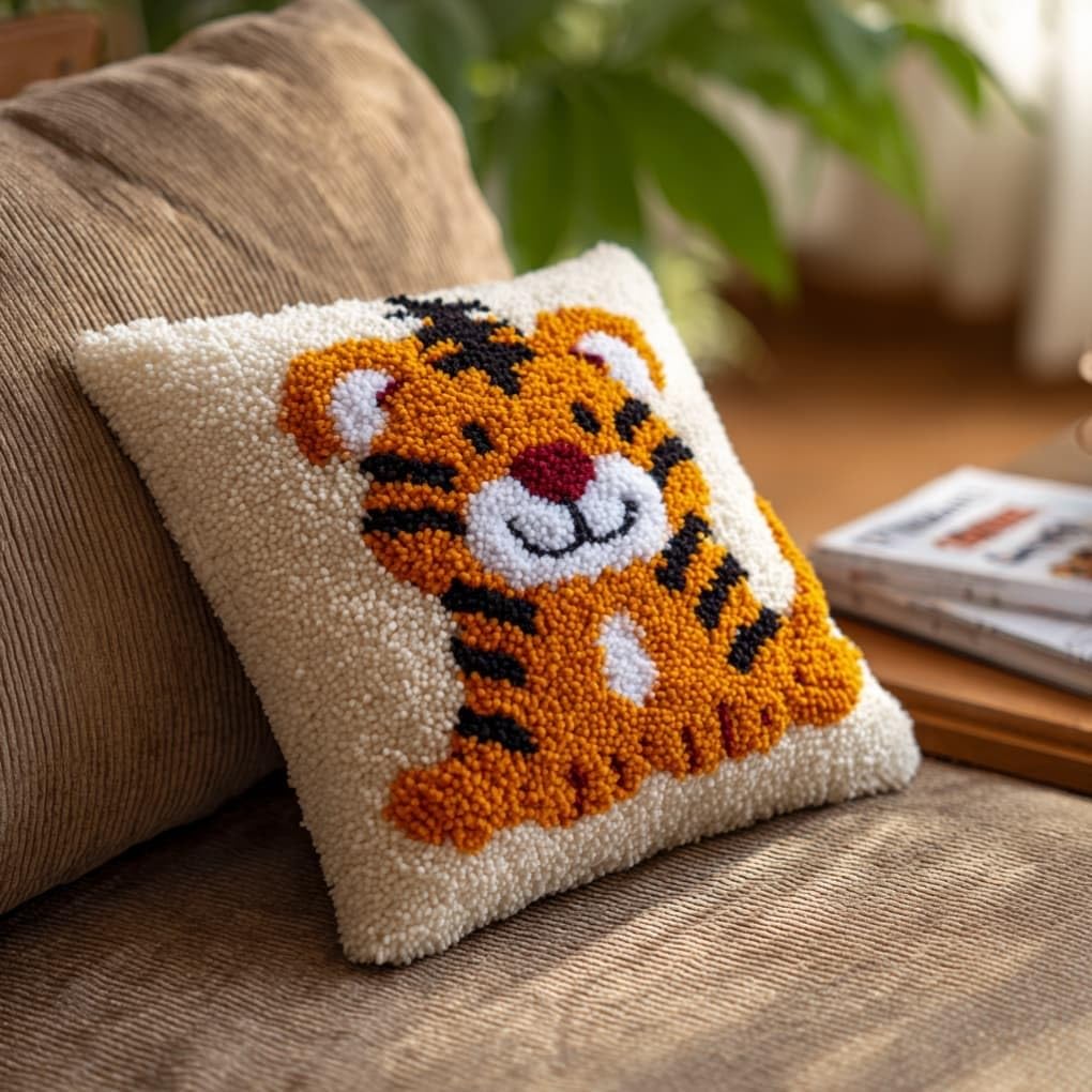 Taxpy DIY Latch Hook Pillow Kit Pre-Printed Hook and Latch Rug Kits Tiger 17X17 Inch.Cross-Stitch Embroidery Cushion Cover for Home Sofa Decoration