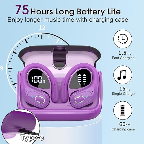 Miniatura 63 de Auriculares inalámbricos 75 horas Bluetooth 5.4 para deporte, auriculares Bluetooth 2025 con graves profundos, cancelación de ruido con micrófono,