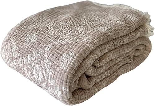 Manta de muselina 100% algodón, diseño azteca de 4 capas, funda de cama de muselina de algodón turco suave, colcha reversible, (beige)
