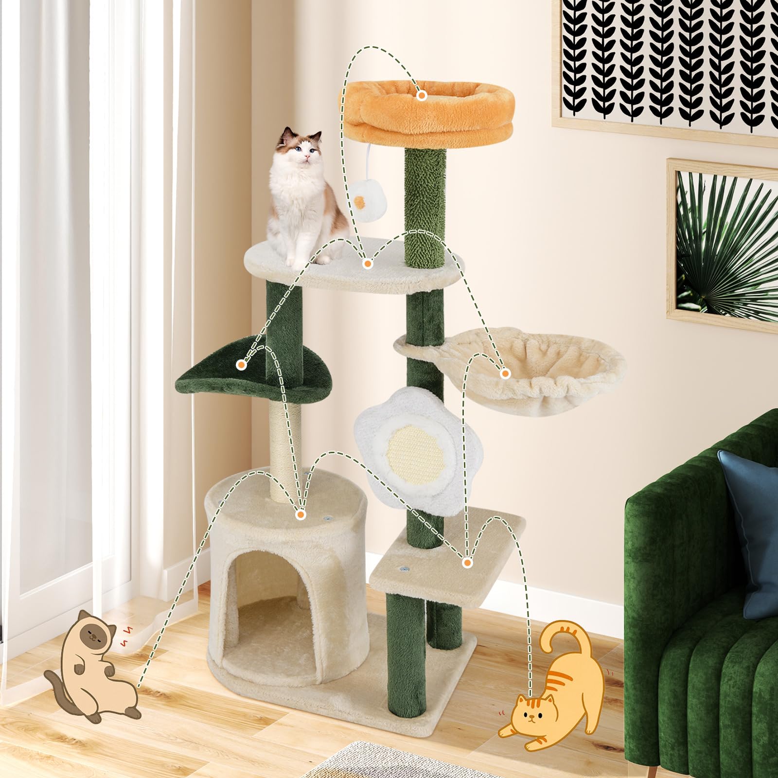 COSTWAY Tiragraffi per Gatto Alto 114 cm Forma di Fiore, Albero Tiragraffi Gatto con Amaca, Grotta e Palla Pompon, Torre Tiragraffi per Gatti con Pali e Tavola in Sisal, Verde e Beige