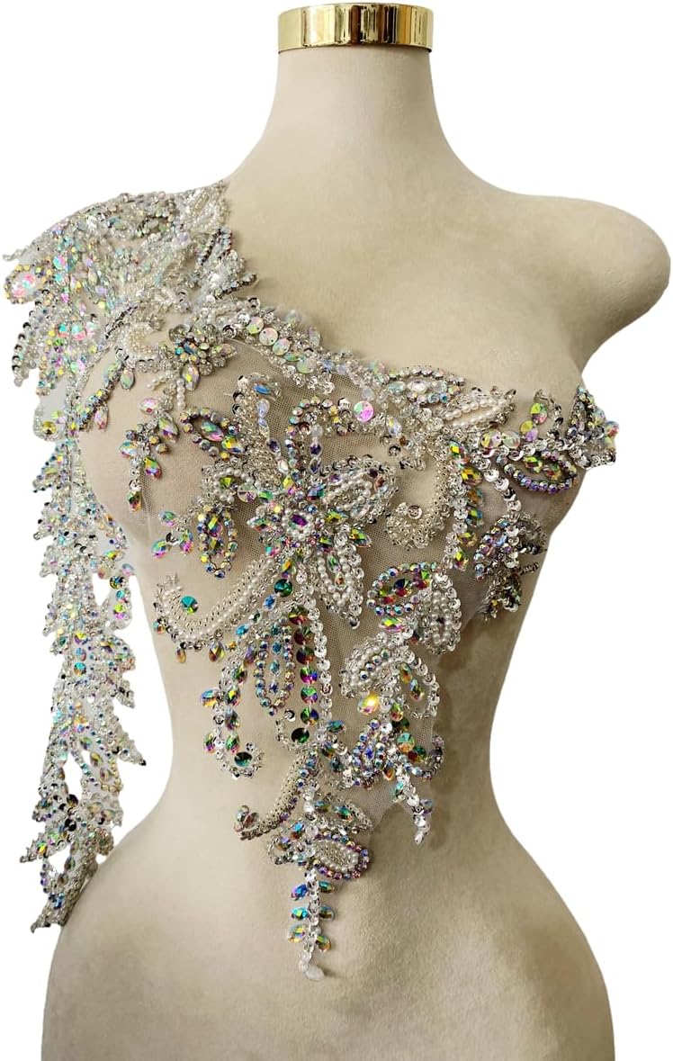 Single Right Sleeve Dress Accessories Luxury Decorative Appliqué Pure Hand Sewn Beads Rhinestones Trim Patches (Silver)