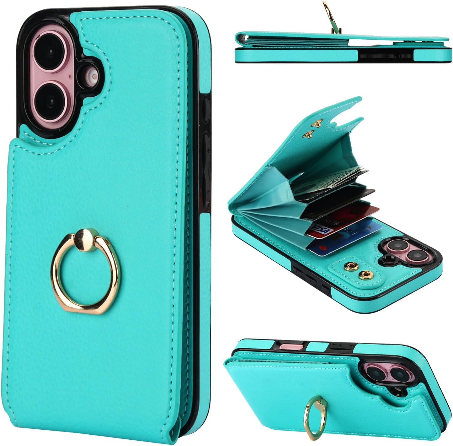 Folosu Compatible with iPhone 16 Case Wallet with Card Holder, 360°Rotation Finger Ring Holder Kickstand, RFID Blocking Leather Protective Double Buttons Shockproof Cover 6.1 Inch Mint Green
