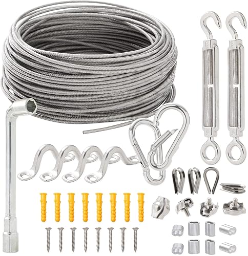 Kit colgante de luz para exteriores de 82 pies con cuerda de acero inoxidable recubierta de vinilo de 0.079 in y accesorios de montaje