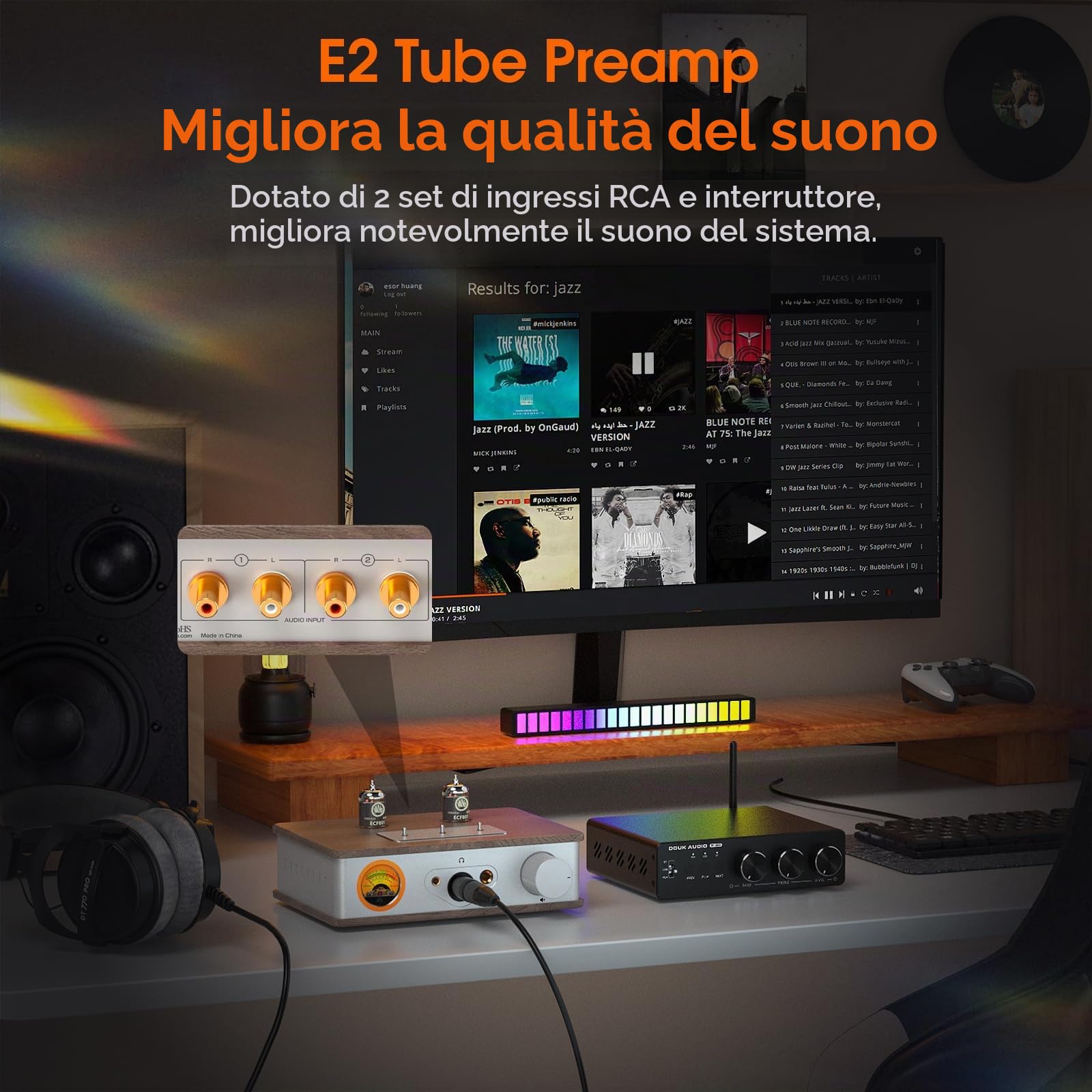 Douk E2 - Amplificatore per cuffie con XLR/4,4 mm/6,35 mm/RCA uscite, preamplificatore stereo HiFi con misuratore VU per cuffie, amplificatore domestico, altoparlante attivo