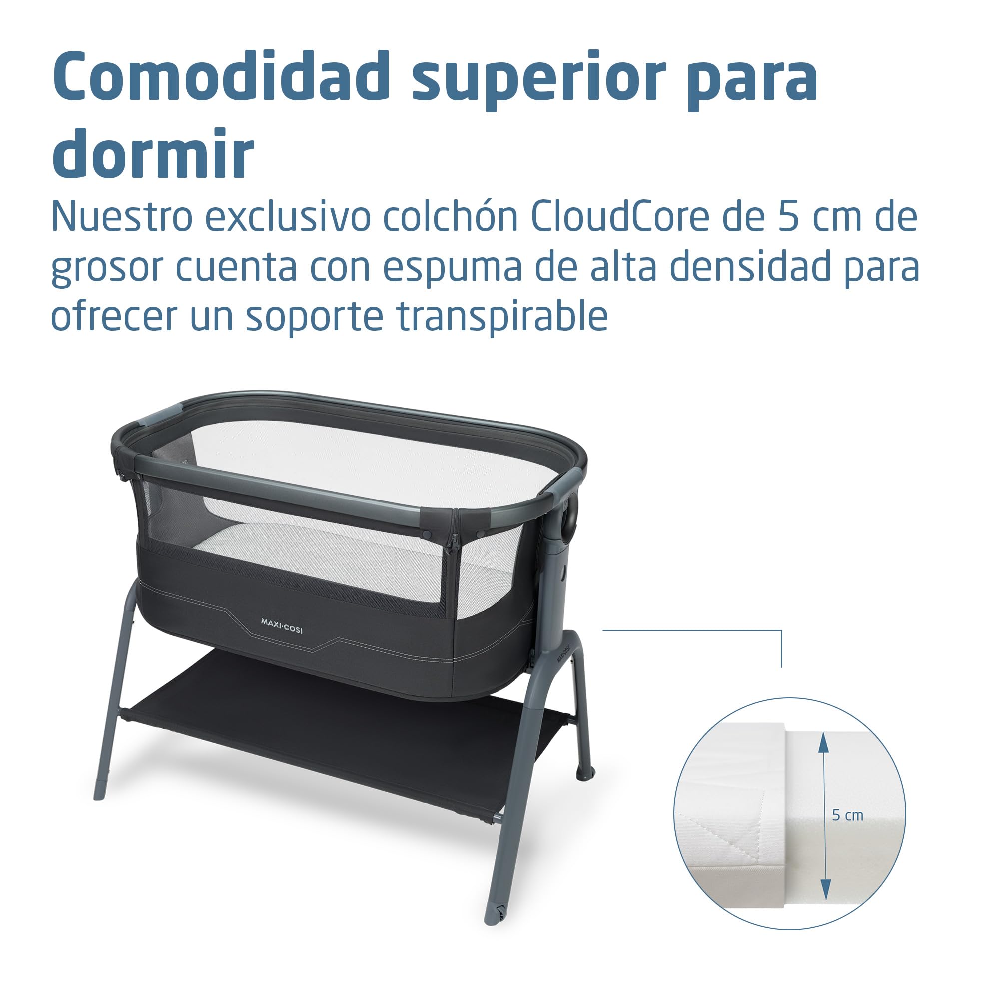 Maxi Cosi Iora² Cuna Colecho, 0-6 Meses (9 kg), Cuna Colecho Bebé Plegable y Ligera, Colchón CloudCore de 5cm, 5 Niveles de Altura, 2 Ruedas con Deslizamiento Suave, Fácil de Mover, Elegance Graphite