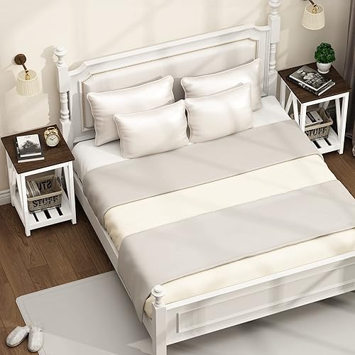 Miniatura 2 de ChooChoo - Mesa auxiliar de granja, mesa auxiliar rústica vintage con estante de almacenamiento para espacios pequeños, mesita de noche para sofá,