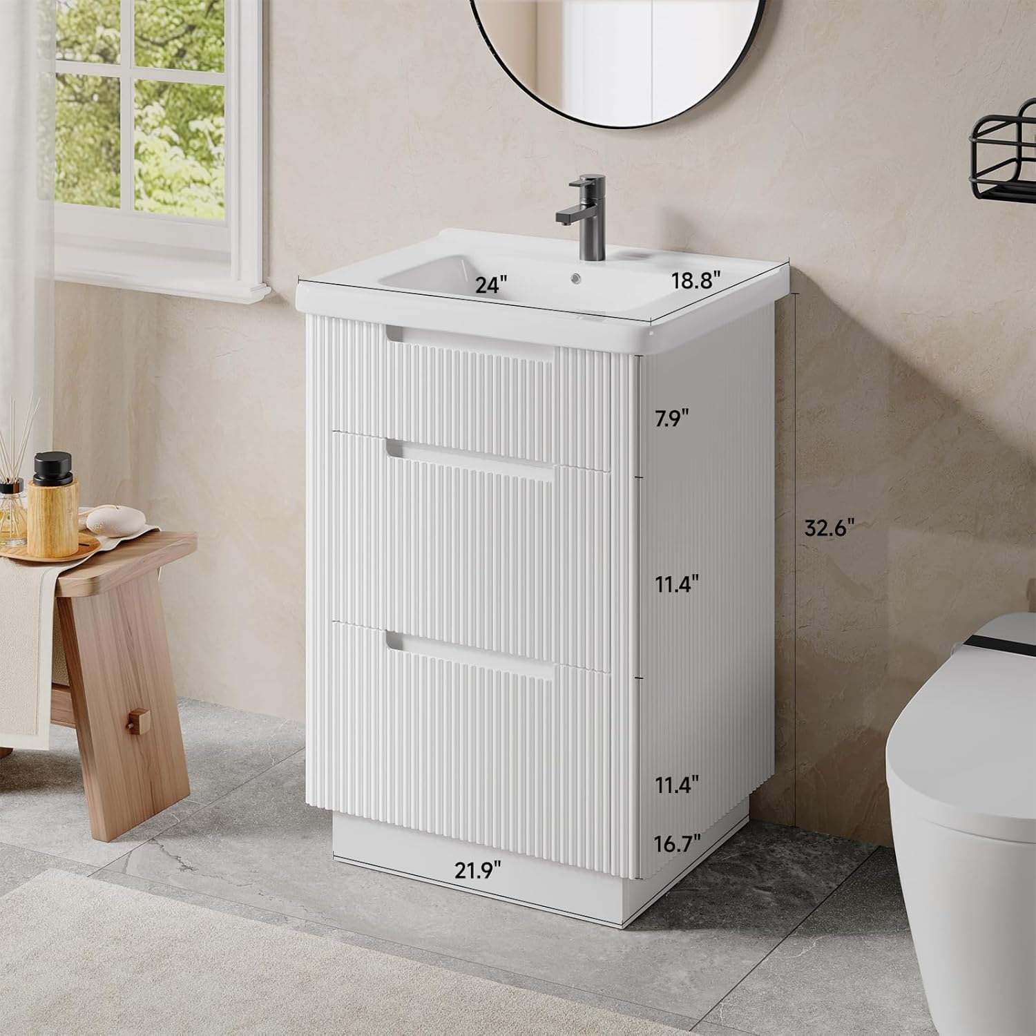ONBRILL 24" Modern Fluted Bathroom Vanity with Sink Combo, Freestanding Bathroom Vanities with 3 Drawers, Bath Cabinet with Integrated Ceramic Sink for Small Space, Apartment (White)