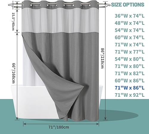 Miniatura 7 de Cortina de ducha gris extralarga sin gancho con tejido de gofre y forro a presión reemplazable, 230GSM, cortina de ducha impermeable para hotel y