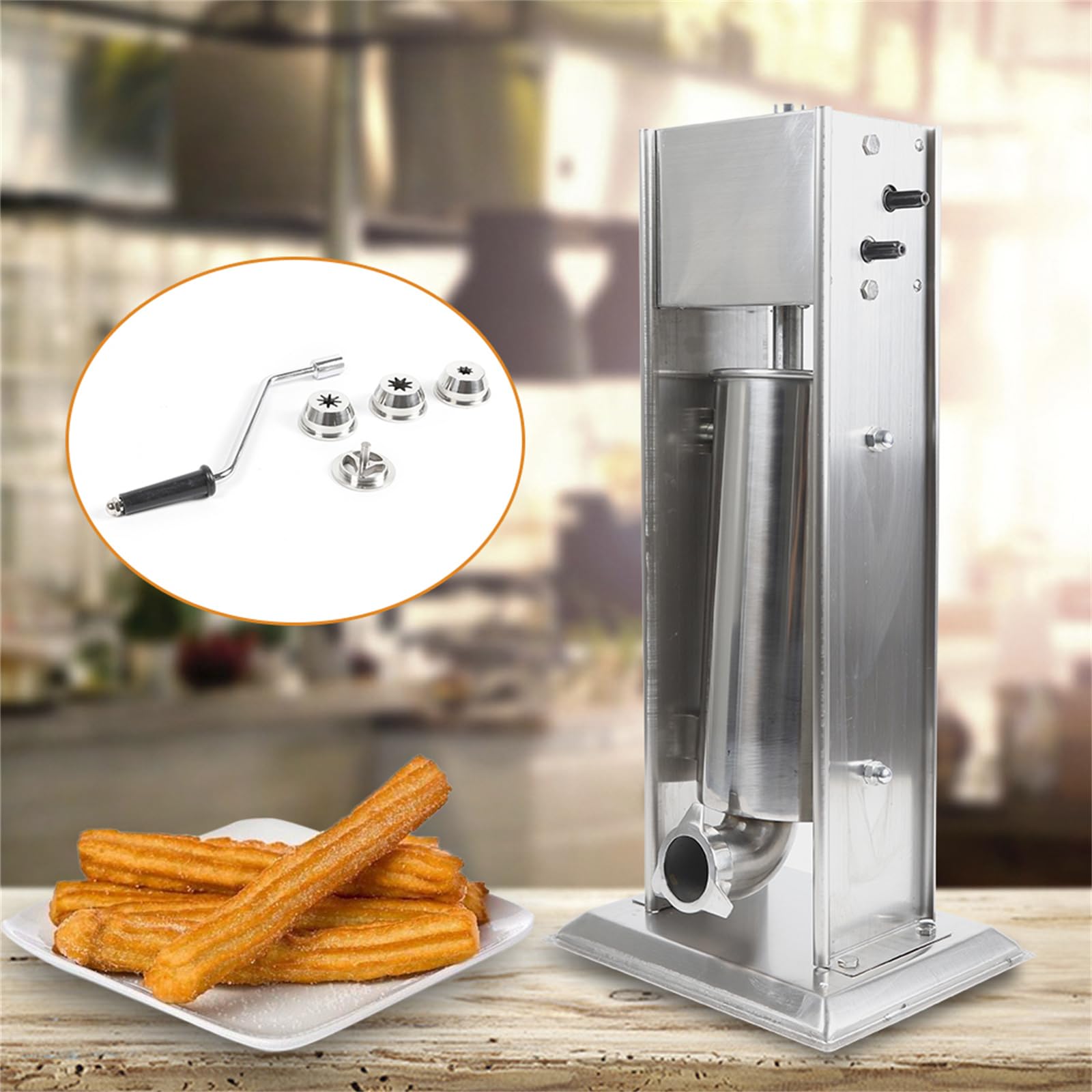 LIYUANJUN Heavy Duty Manual Churros Machine, 5L/1.3Gal Commercial Churros Maker with 4pcs Nozzles Stainless Steel Manual Churros Making Tool for Restaurant Donuts (Vertical Type)