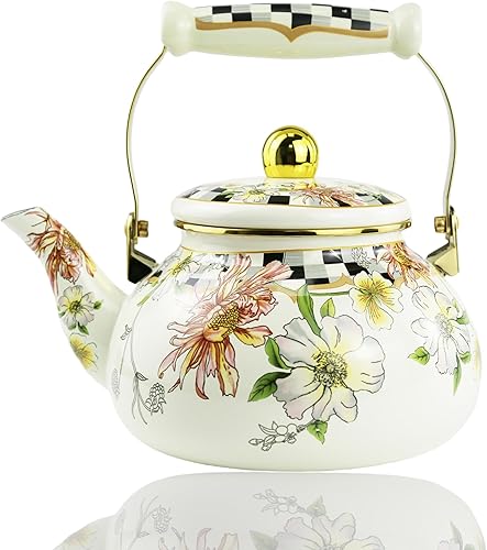 Hervidor de té esmaltado floral, tetera bohemia vintage, tetera de agua caliente, tetera de café de 2.5 L, porcelana beige, colorida, rústica,