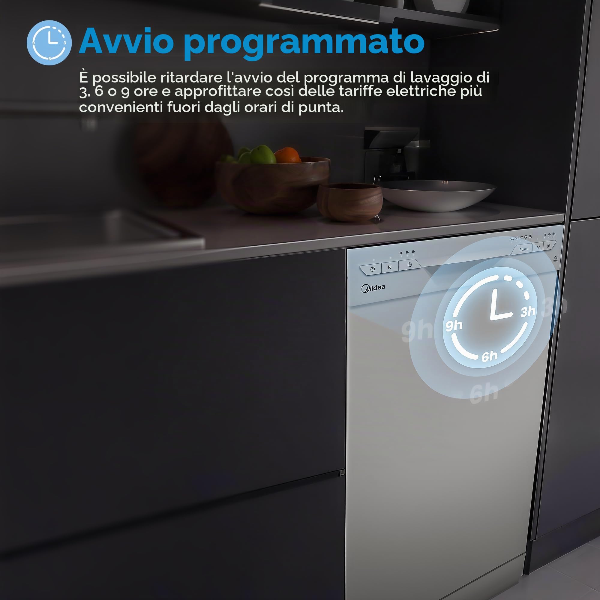 Midea SF 3.45NW PRO - Lavastoviglie da 45 cm, indipendente e da incasso, 9 coperti, lavastoviglie con Wi-Fi, 6 programmi, tempo di avvio 3/6/9h, 47 dB, bianco
